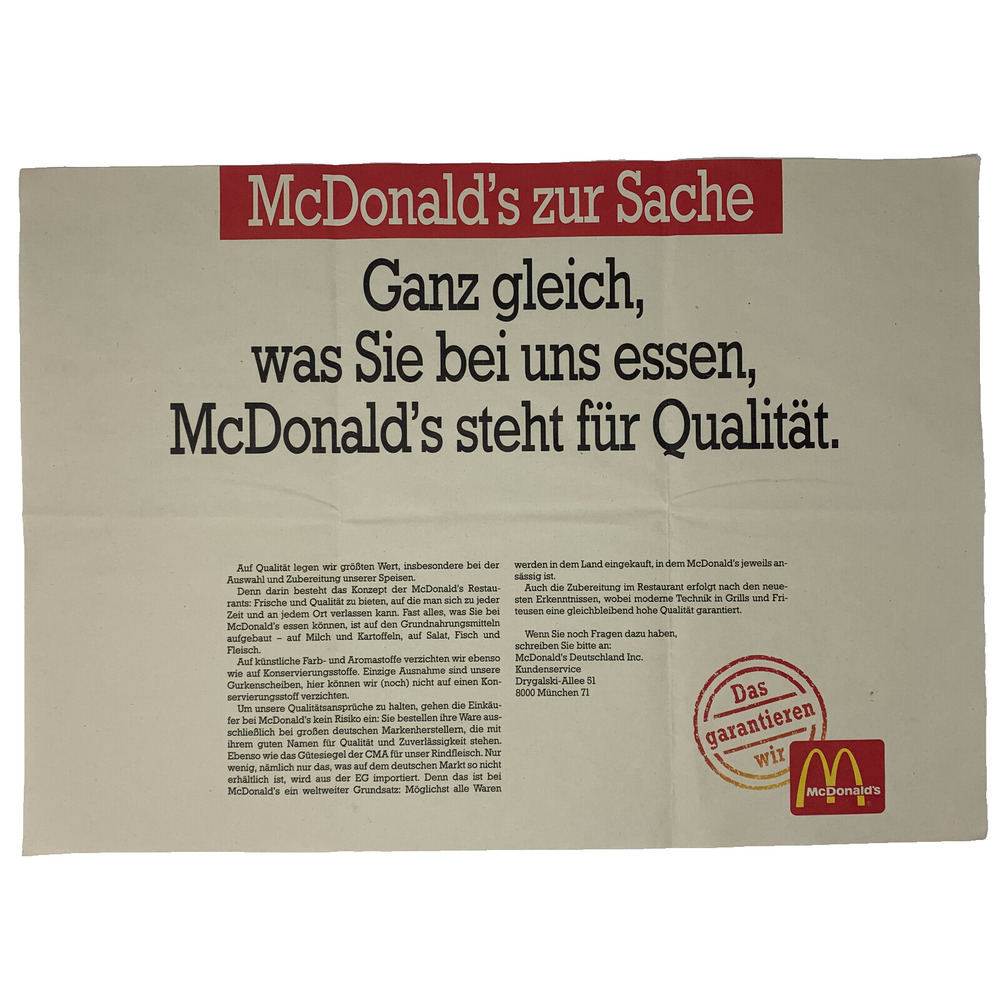 Vintage 90s McDonalds Germany Placemat Tray Liner Fast Food Stand For Quality